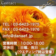 Contact　TEL：03-6423-1975FAX：03-6423-1976　info@danaef.jp　営業時間：10:00-19:00　定休日：日曜、祝日（ウエディング時は営業）